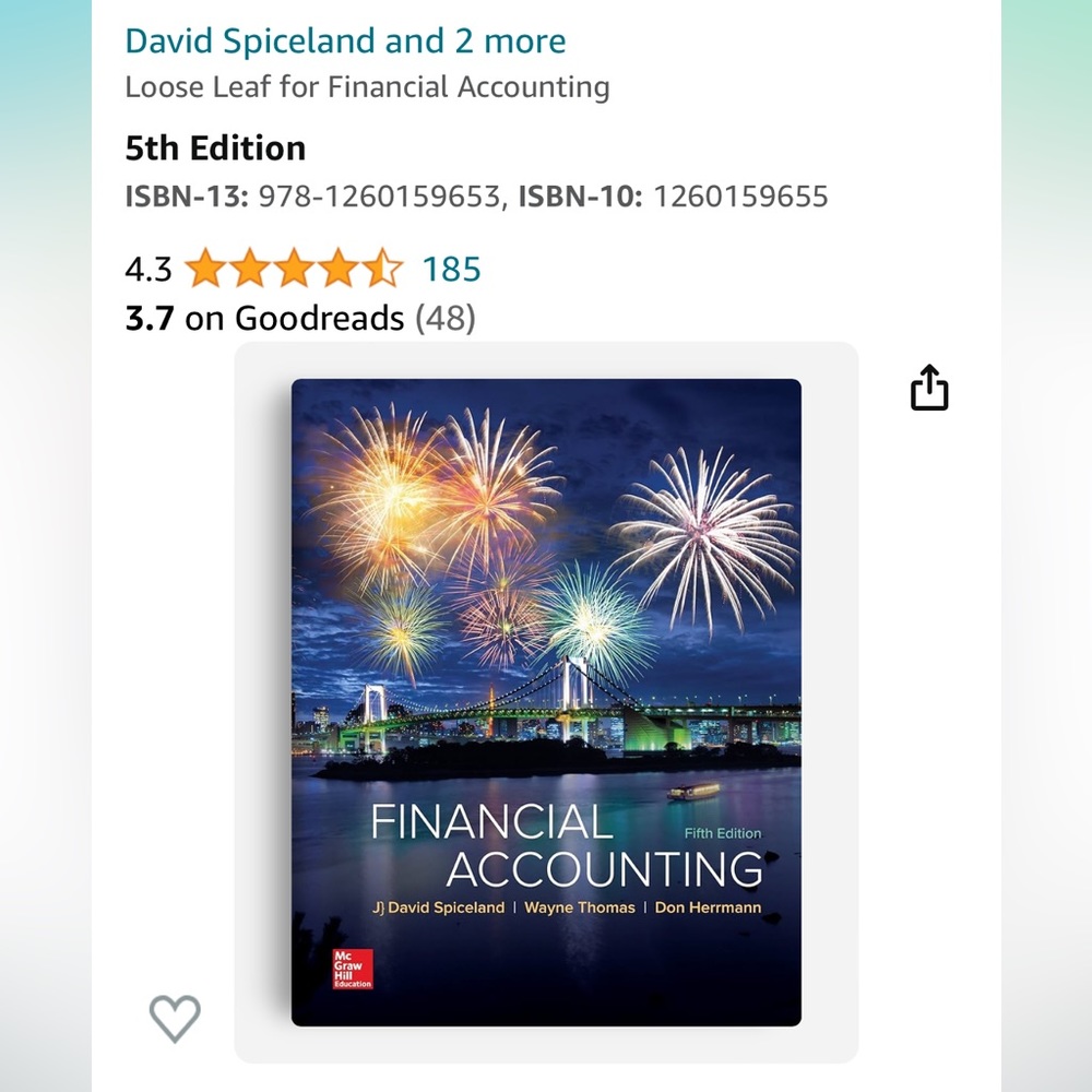 Financial Accounting 5th Edition Spiceland, ISBN-13:978-1260159622 (Book only)